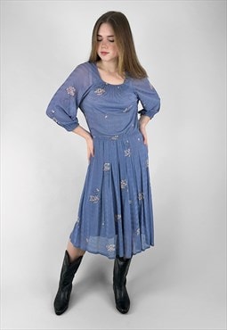 70's Vintage Lilac Slinky Floral 3/4 Sleeve Ladies Dress