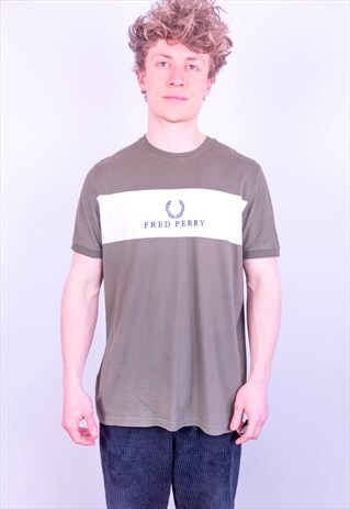 VINTAGE FRED PERRY EMBROIDERY SPELL OUT T-SHIRT IN BROWN XL