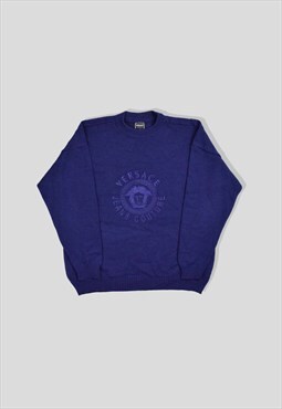 Vintage 90s Versace Embroidered Logo Knit Jumper in Navy
