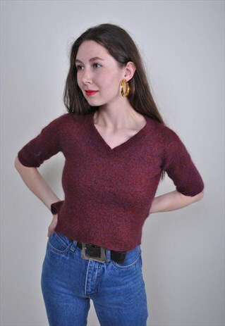 90S RED MINIMALIST WOOL V-NECK BLOUSE, SIZE M
