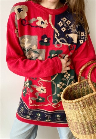 VINTAGE 80S FLORAL FOLK MILKMAID KNIT COUNTRYSIDE JUMPER