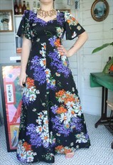 Vintage 70s Black Floral Flower Flowery Pattern Maxi Dress