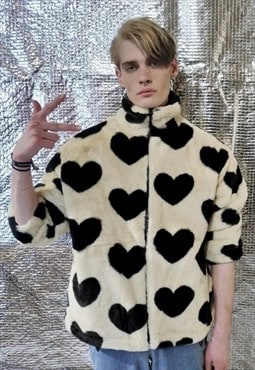 Heart fleece jacket faux fur love bomber emoji coat cream