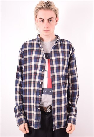 MENS VINTAGE FLANNEL SHIRT XXL BLUE CHECK 90S
