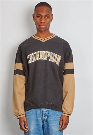 VINTAGE 90'S CHAMPION BLACK V NECK LOGO SWEATER