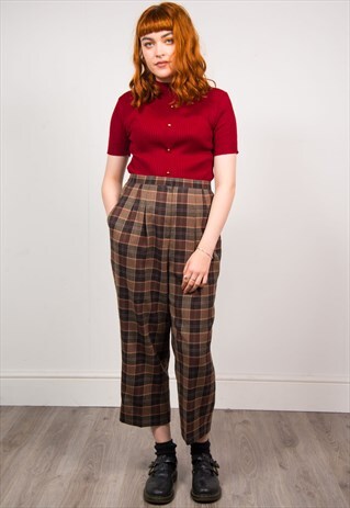 VINTAGE 90'S WARM BROWN CHECKED SMART HIGH WAIST TROUSERS