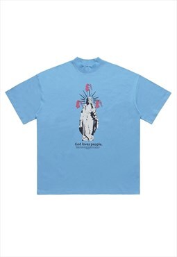 Saint print t-shirt Virgin Mary tee angel top in blue