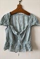 VINTAGE Y2K 00S PUFF SLEEVE MILKMAID RUFFLE BLOUSE CROP TOP