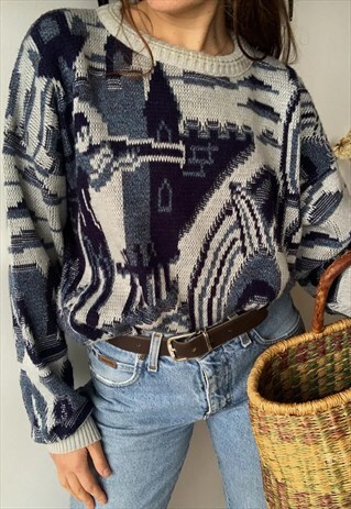 VINTAGE 80S ABSTRACT HUNT SCENE KNIT JUMPER SWEATER PULLOVER
