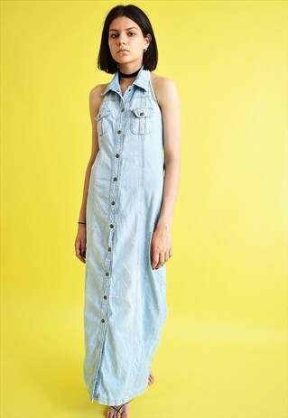 VINTAGE 90'S RETRO HALTER NECK DENIM MAXI MOM'S DRESS