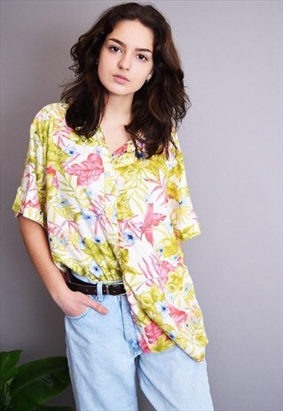 90'S RETRO FLORAL PRINT HAWAII OVERSIZED SHIRT BLOUSE