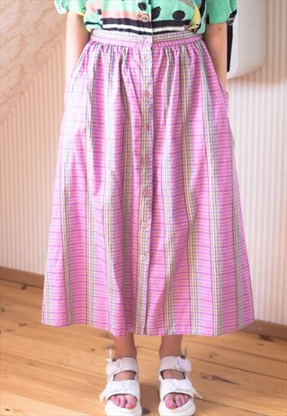 LIGHT PURPLE AND GREEN CHECKED LONG SKIRT WITH POCKETS