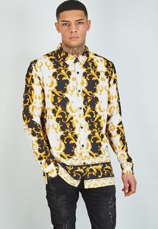 MENS WHITE BAROQUE PRINT LONG SLEEVE SHIRT