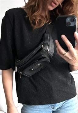 90s Black faux Leather Fanny Pack 