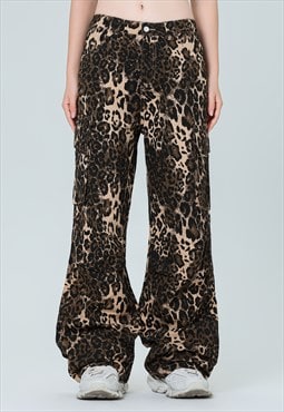 Flared leopard jeans animal print denim pants cargo pocket