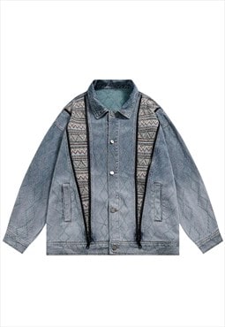 Aztec denim jacket patchwork jean varsity ethnic coat blue