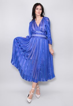 70's Vintage Ladies Dress Blue Sheer Polka Dot Long Sleeve