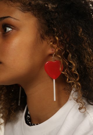 RED HEART LOLLIPOP SILVER PLATED HOOK EARRINGS