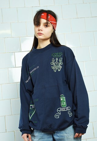 VINTAGE 80S SLOGAN LOGO SWEATSHIRT JUMPER PULLOVER BLUE