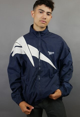 NAVY & WHITE REEBOK LOGO SPELL OUT SHELL SUIT JACKET