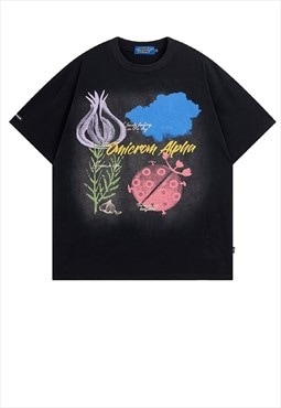 Nature print t-shirt gradient tee old wash grunge top black