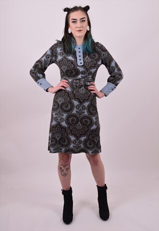 VINTAGE 60'S BLUE CRAZY PRINT DRESS SIZE 8 TO 10