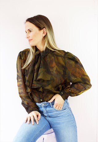 VINTAGE 80'S KHAKI PRINT CHIFFON PUSSY BOW SHIRT BLOUSE
