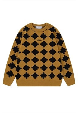 Checkboard sweater knitted retro check pattern jumper yellow