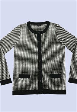 JAEGER Black White Diamond Pattern Wool Knit Button Cardigan