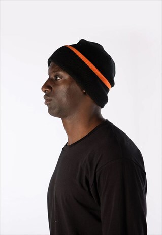CONTRAST BAND BEANIE HAT - BLACK/ORANGE