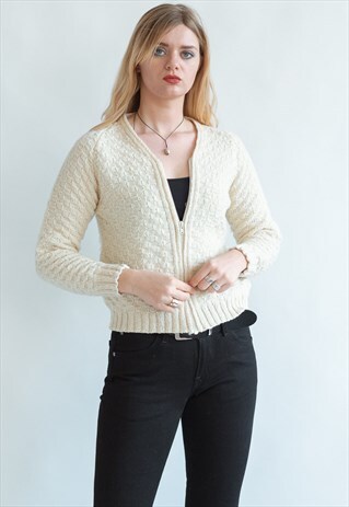 VINTAGE 80S CHIC ZIP UP CARDIGAN IN CREAM