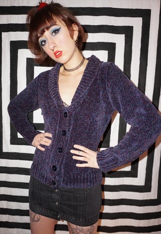 VINTAGE 90S / Y2K PURPLE SPECKLED CHENILLE CARDIGAN