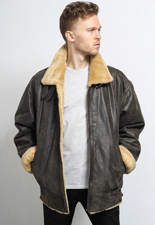 VINTAGE LEATHER AVIATOR FLEECE JACKET COAT