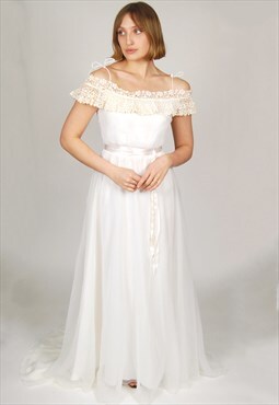 Vintage Long Train Gown (XS) white wedding 60s dress chiffon