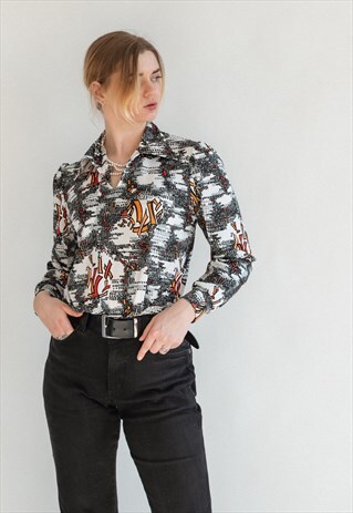 VINTAGE 70S BOHO BLOUSE IN ABSTRACT ARTSY PATTERN