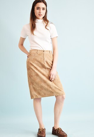 90'S RETRO BEIGE HIGHWAISTED CORDUROY MOM'S MIDI SKIRT