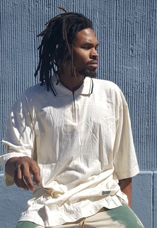 90S SKATER MINIMALIST ZIP PLACKET BEIGE TIPPED POLO XL