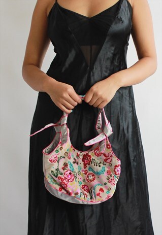 GREY PINK EMBROIDERY MINI BAG