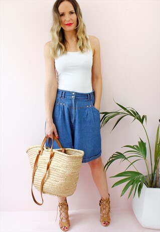 VINTAGE 80'S BLUE DENIM ELASTICATED PALAZZO SHORTS