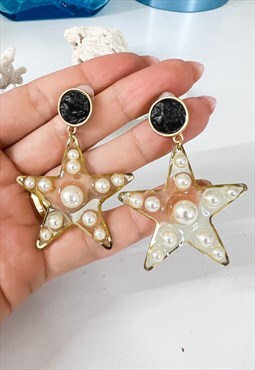 Starfish Drop Earrings in Black & Pearl