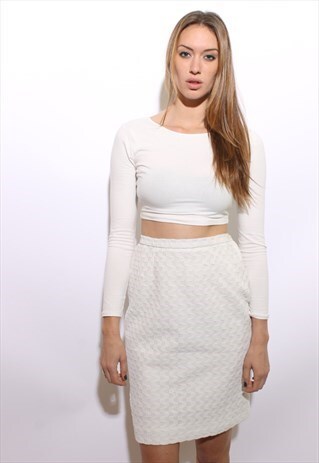 VINTAGE 60S WHITE PENCIL SKIRT HIGH WAIST CHECKER KNIT S-M