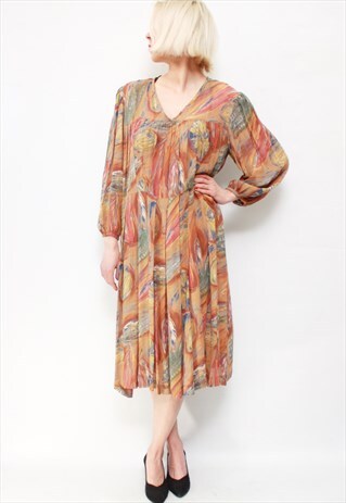 VINTAGE 70' BEAUTIFUL AMAZING MIDI COLORFUL PLEATED DRESS