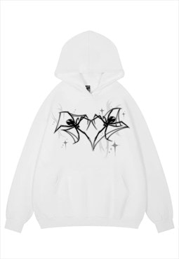 Heart print hoodie psychedelic pullover spider web top white