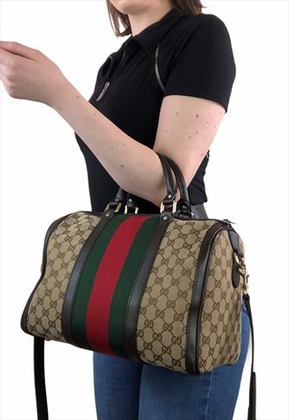 WOMENS GUCCI HANDBAG BEIGE GG MONOGRAM PRINT BOSTON BAG