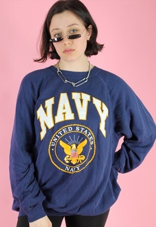 VINTAGE 90S SWEATSHIRT JUMPER IN BLUE WITH US NAVY PRINT