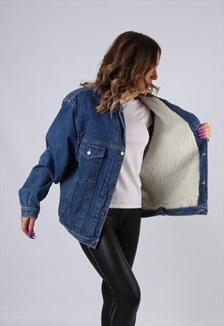 VINTAGE SHERPA LINED DENIM JACKET OVERSIZED UK 14 (GM3C)