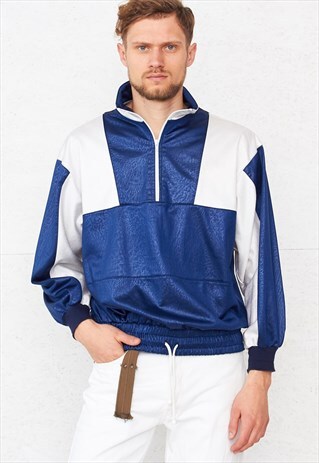 VINTAGE BLUE AND WHITE 1/4 ZIP PULLOVER SWEATSHIRT