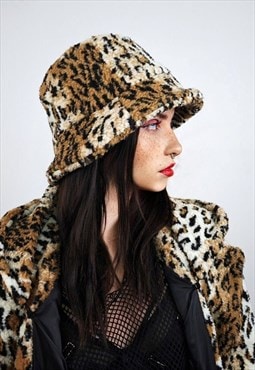 Leopard fleece bucket brown animal print tie dye cheetah cap