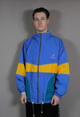 VINTAGE 90S SHELL JACKET WINDBREAKER IN BLUE AND YELLOW