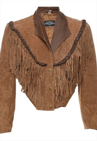 VINTAGE BROWN SUEDE & LEATHER CONTRAST COLLAR FRINGED JACKET
